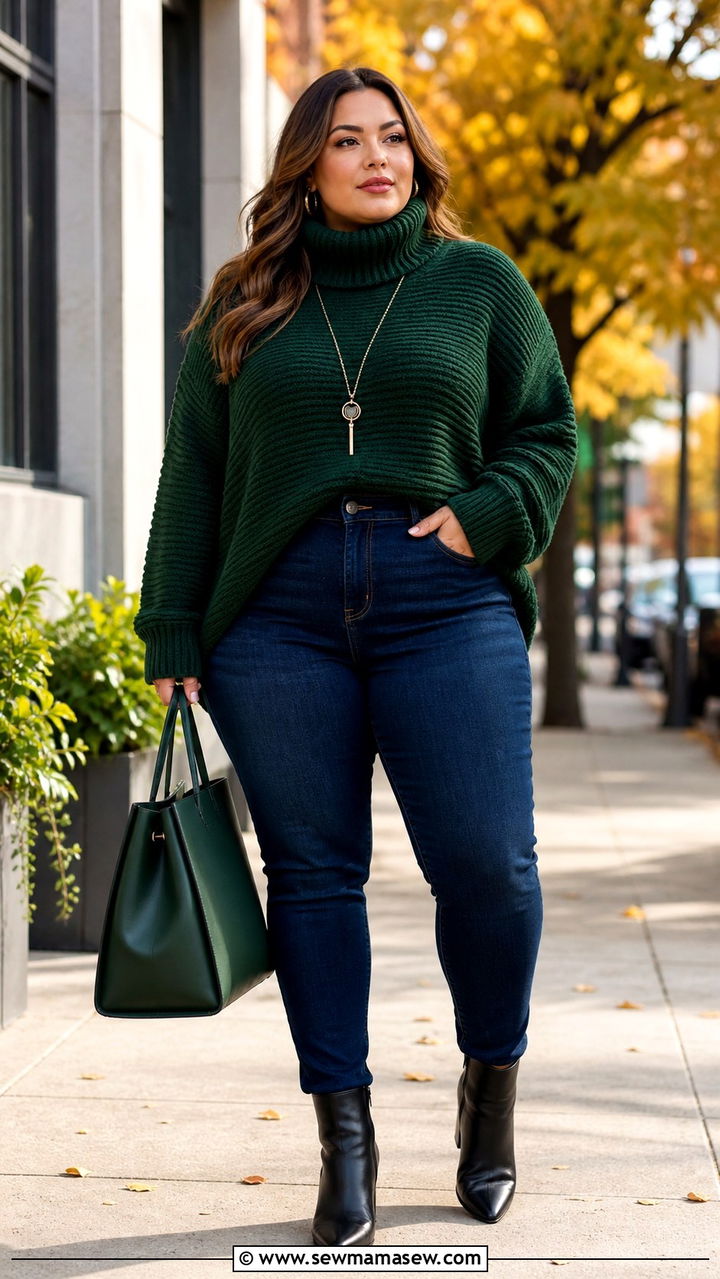 Plus Size Oversized Turtleneck With High Waisted Jeans - 40 Oversized turtleneck outfit ideas