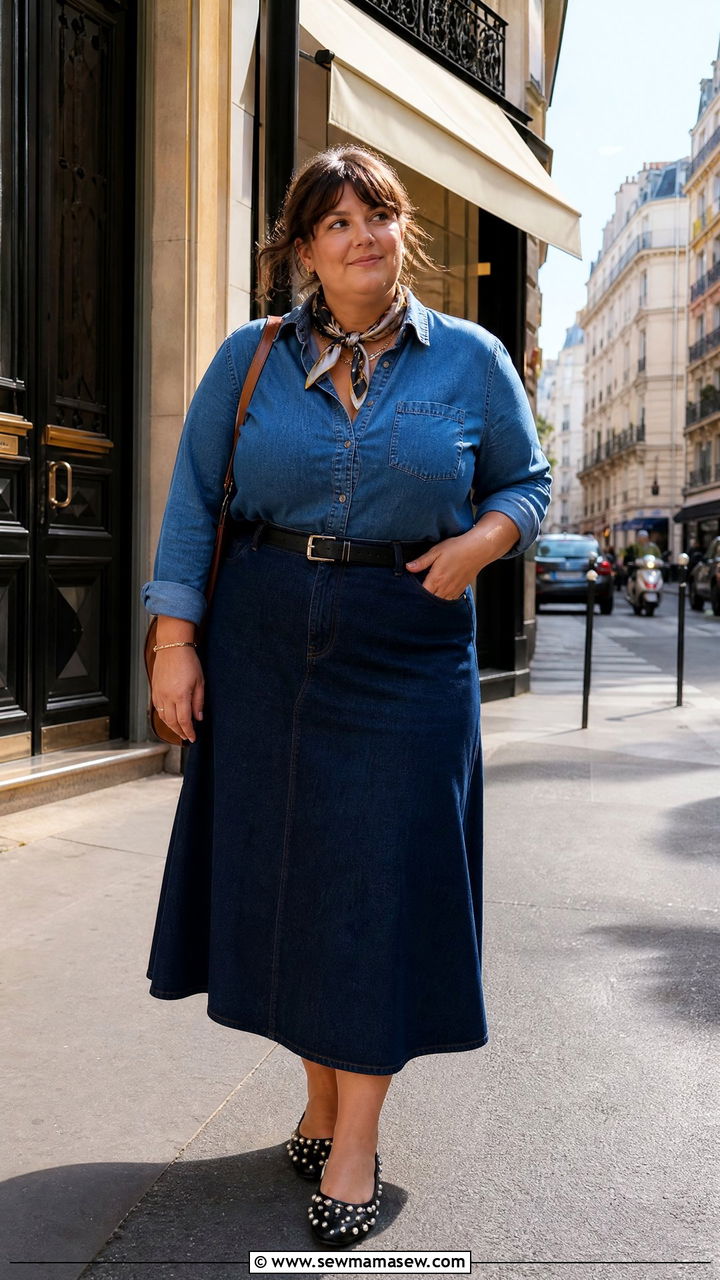 Plus Size Parisian Denim Midi Skirt and Denim Shirt - 25 French girl outfit ideas plus size