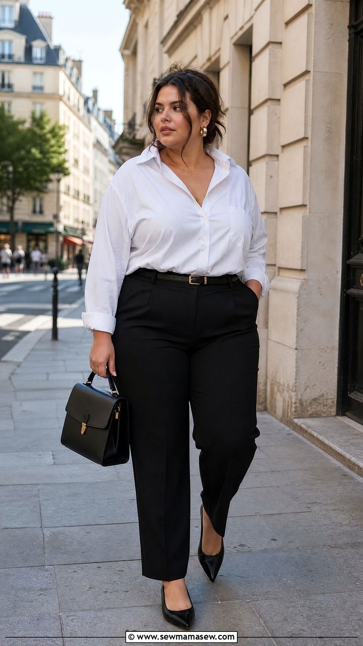 Plus Size Parisian White Button Down and Tailored Pants - 25 French girl outfit ideas plus size