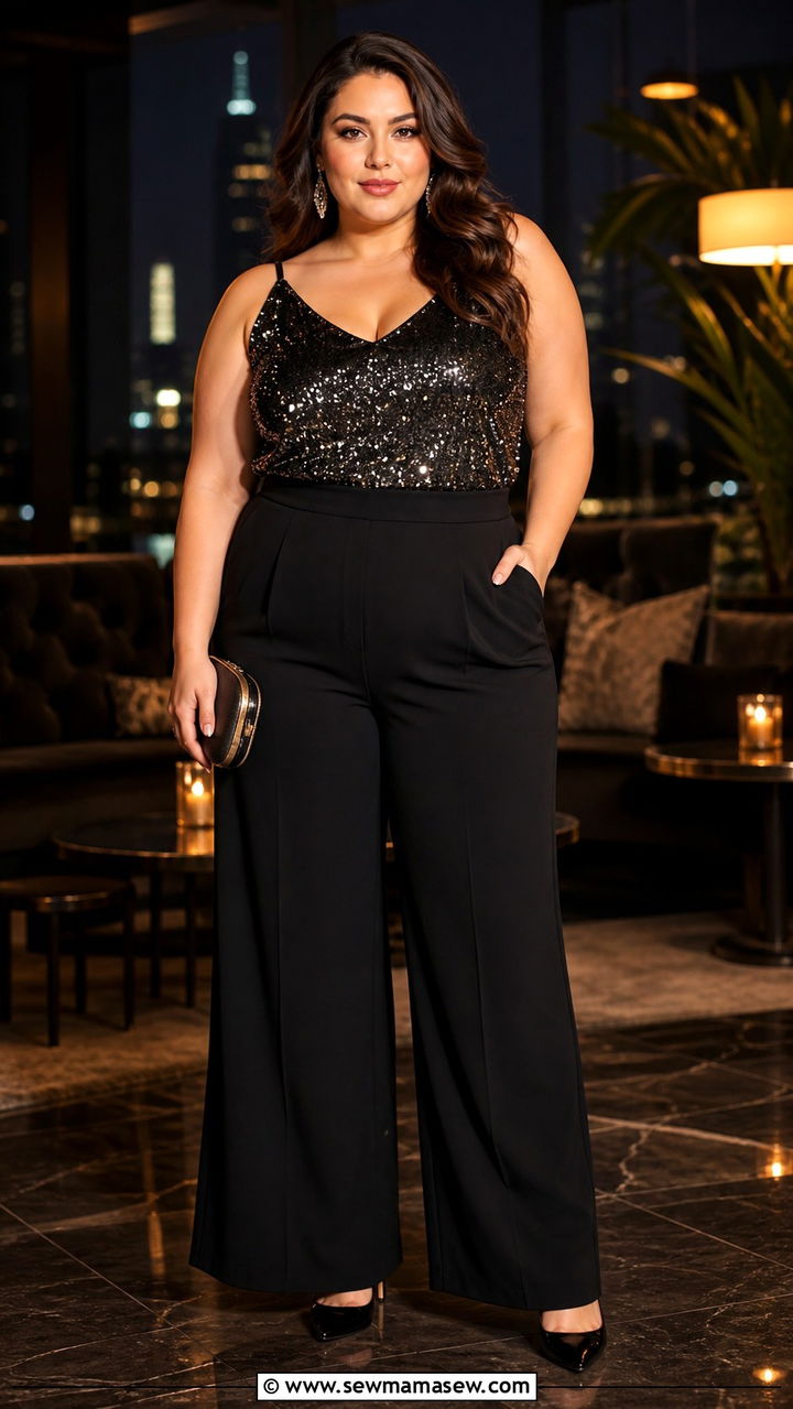 Plus Size Party Outfit with Sequin Top and Black Pants - 40 Plus size outfit ideas