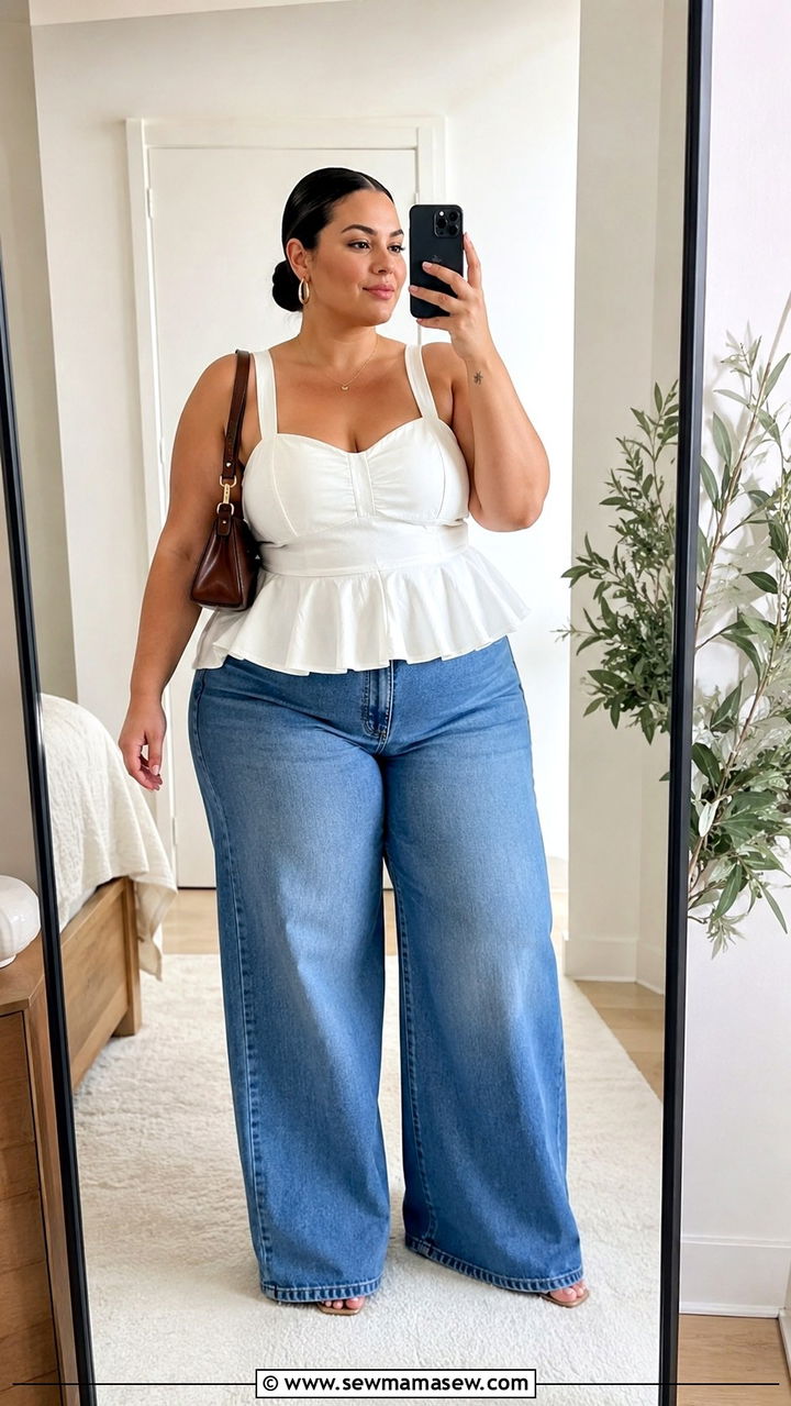 Plus Size Peplum Top and Wide Leg Jeans - 30 Plus size outfit ideas summer 2026