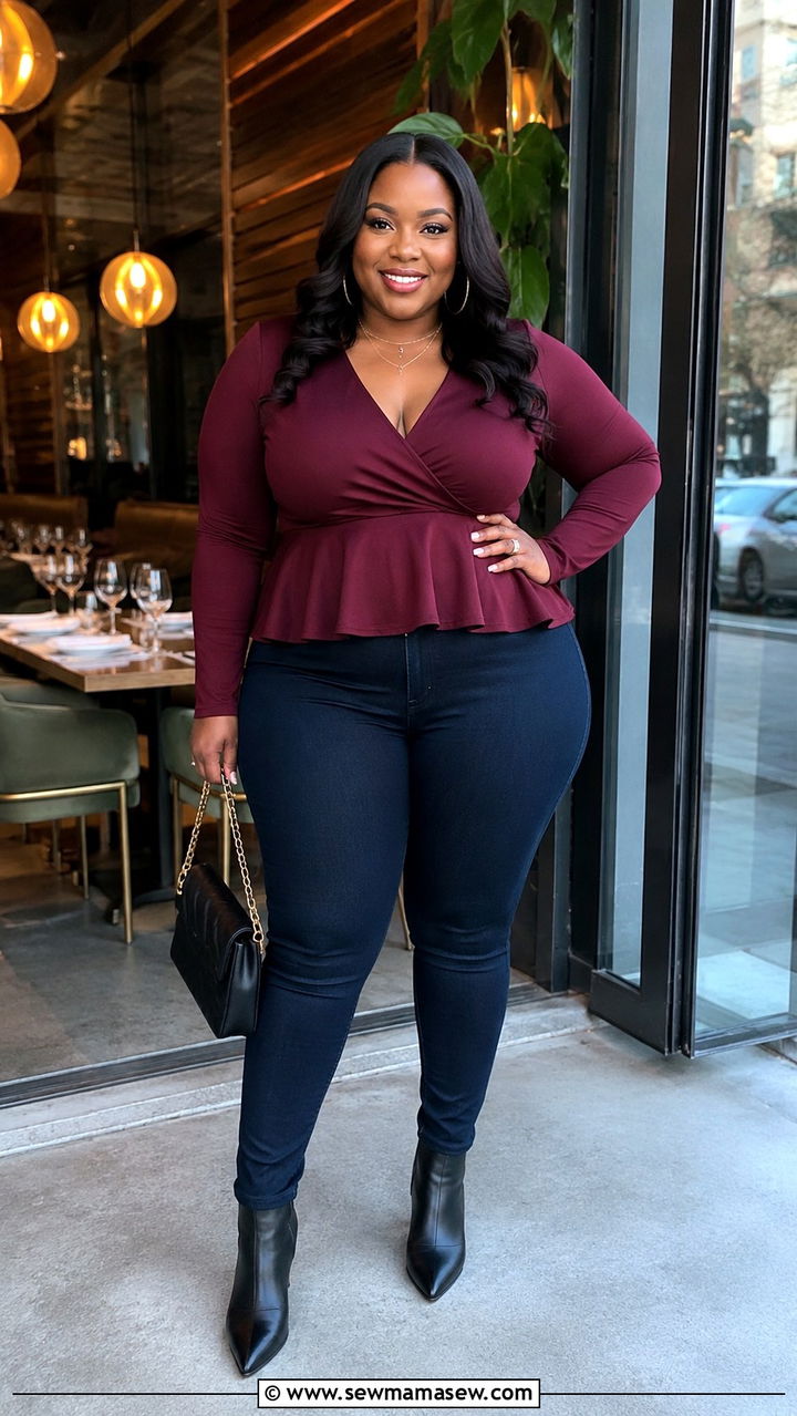 Plus Size Peplum Top with High Waisted Skinny Jeans - 20 Outfit ideas to hide belly fat plus size