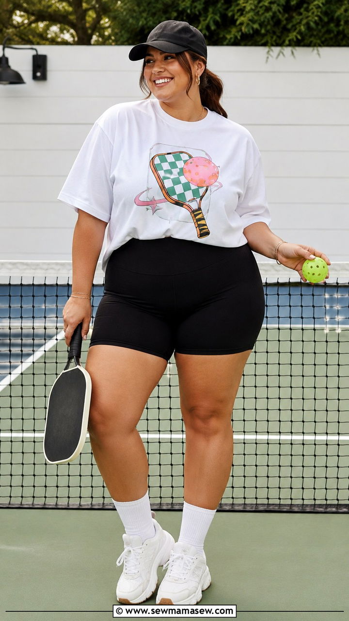 Plus Size Pickleball Graphic Tee and Bike Shorts - 25 Pickleball outfit ideas plus size
