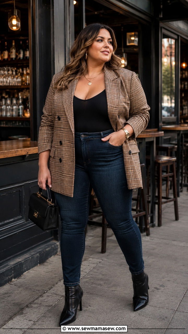 Plus Size Plaid Blazer and Jeans - 30 plus size girls night out outfit ideas