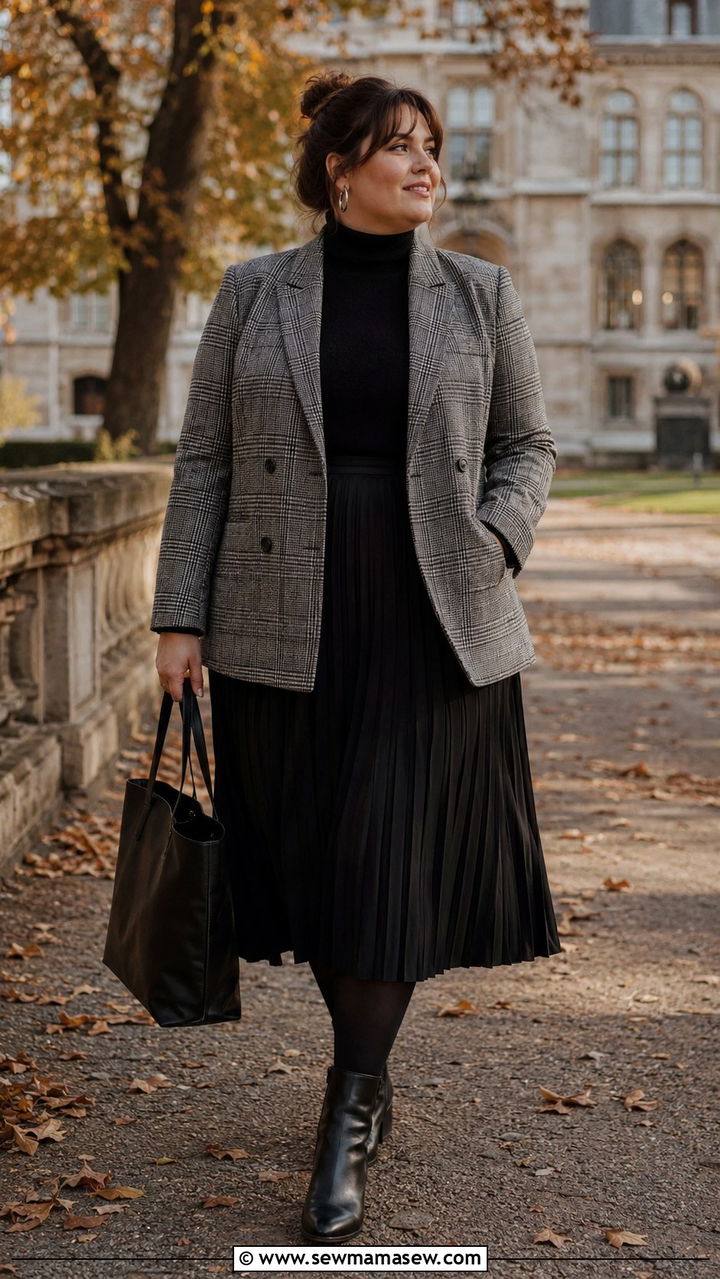 Plus Size Plaid Blazer with Black Turtleneck and Pleated Midi Skirt - 30 Parisian outfits plus size