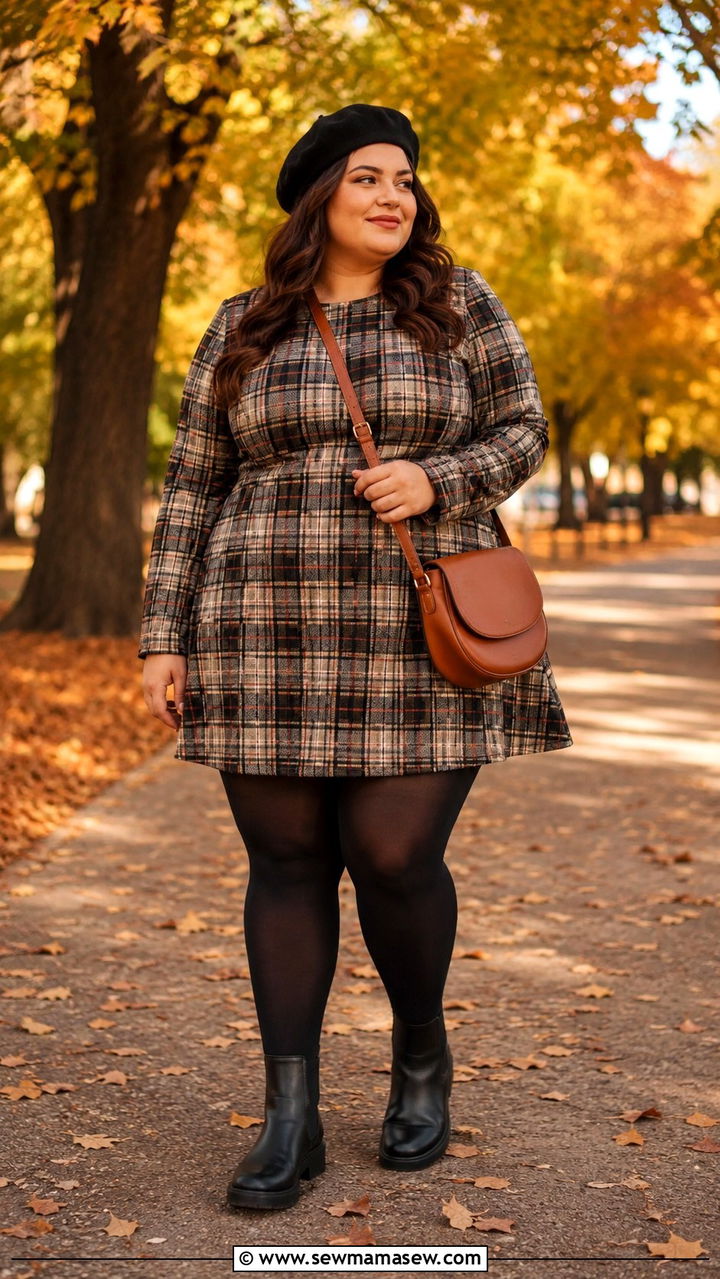 Plus Size Plaid Mini Dress with Chelsea Boots Outfit - 25 Mini dress outfit ideas plus size
