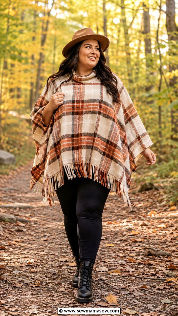 Plus Size Plaid Poncho and Black Leggings Photoshoot Outfit - 30 Plus size photoshoot outfit ideas