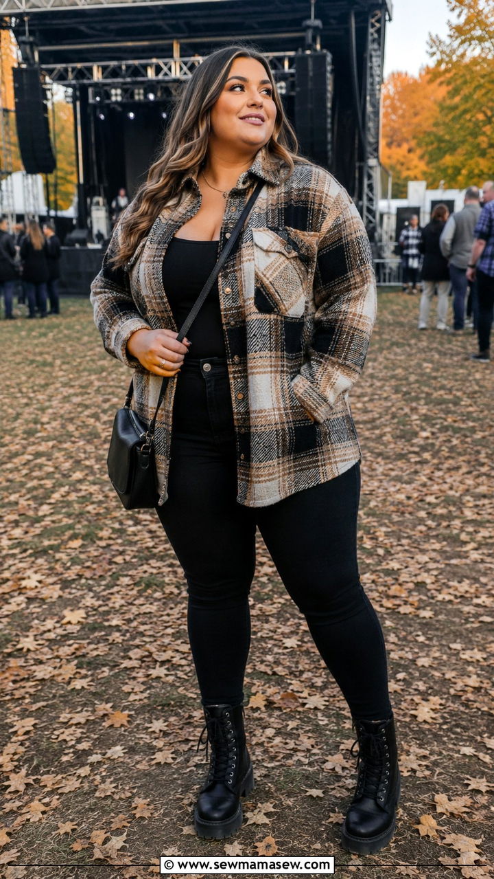 Plus Size Plaid Shacket And Black Skinny Jeans Concert Outfit - 30 Plus size outfit ideas for concert