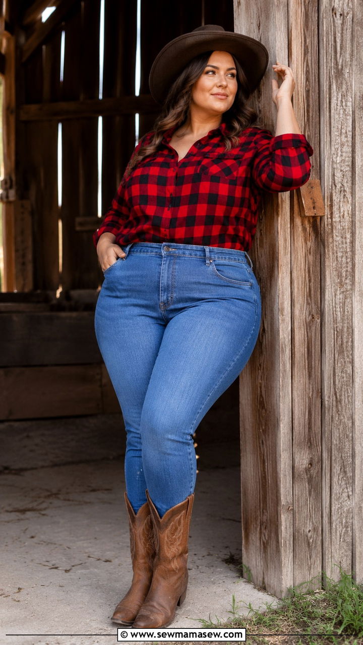 Plus Size Plaid Shirt and Cowboy Boots Country Photoshoot Outfit - 30 Plus size photoshoot outfit ideas