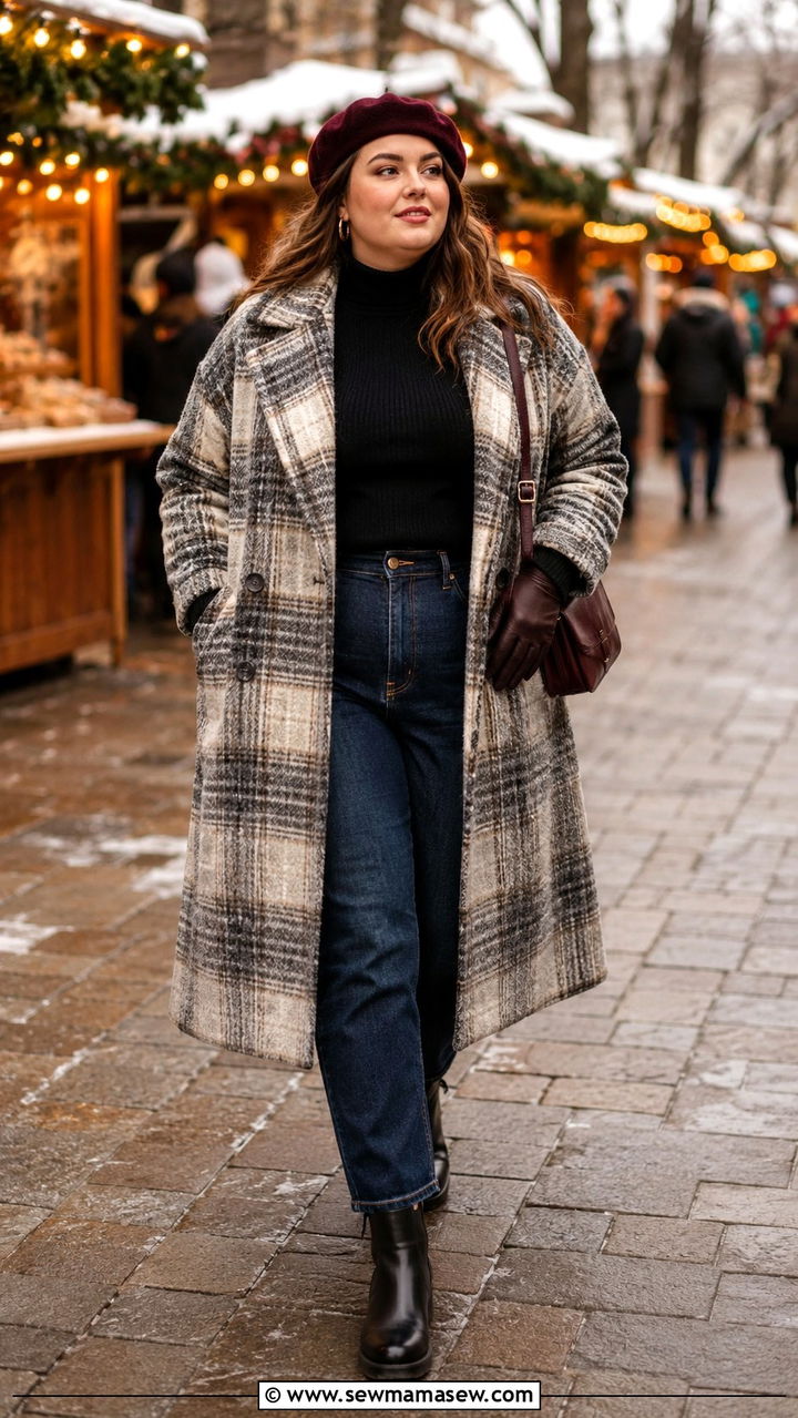 Plus Size Plaid Wool Coat and Straight Leg Jeans with Chelsea Boots - 25 Plus size outfit ideas French girl