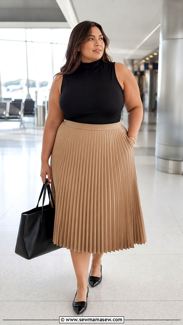 Plus Size Pleated Midi Skirt With Turtleneck Airport Outfit - 30 Plus size airport outfit ideas