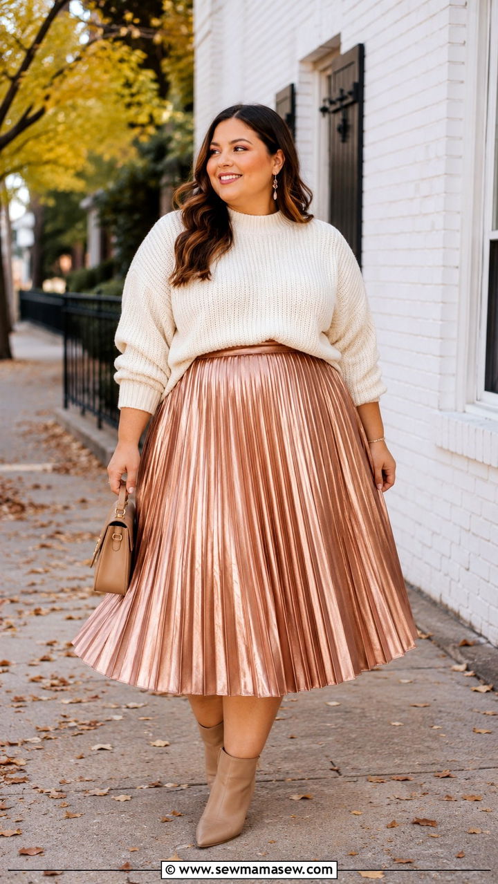 Plus Size Pleated Midi Skirt and Chunky Knit Sweater Outfit - 25 Photoshoot outfits for plus size