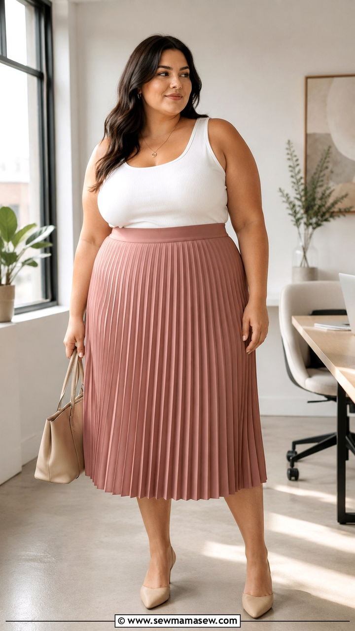 Plus Size Pleated Midi Skirt and Knit Tank Summer Work Outfit - 30 Plus size work outfit ideas summer