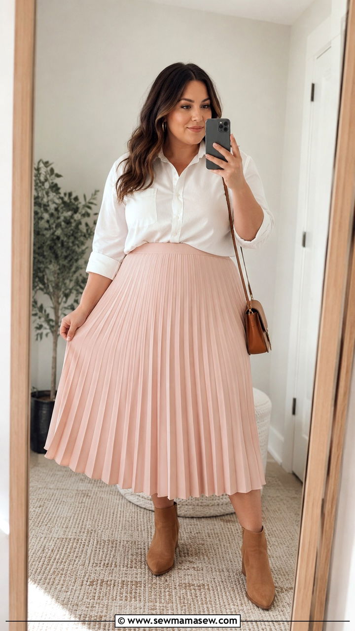 Plus Size Pleated Midi Skirt with Tucked Blouse - 30 Plus size modest outfit ideas