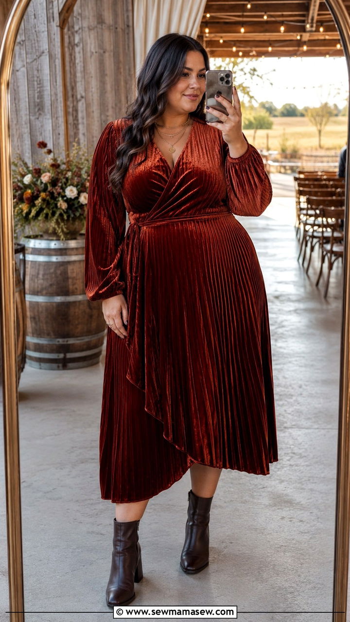 Plus Size Pleated Velvet Wrap Dress Wedding Guest Outfit - 25 Wedding guest outfit ideas size 20