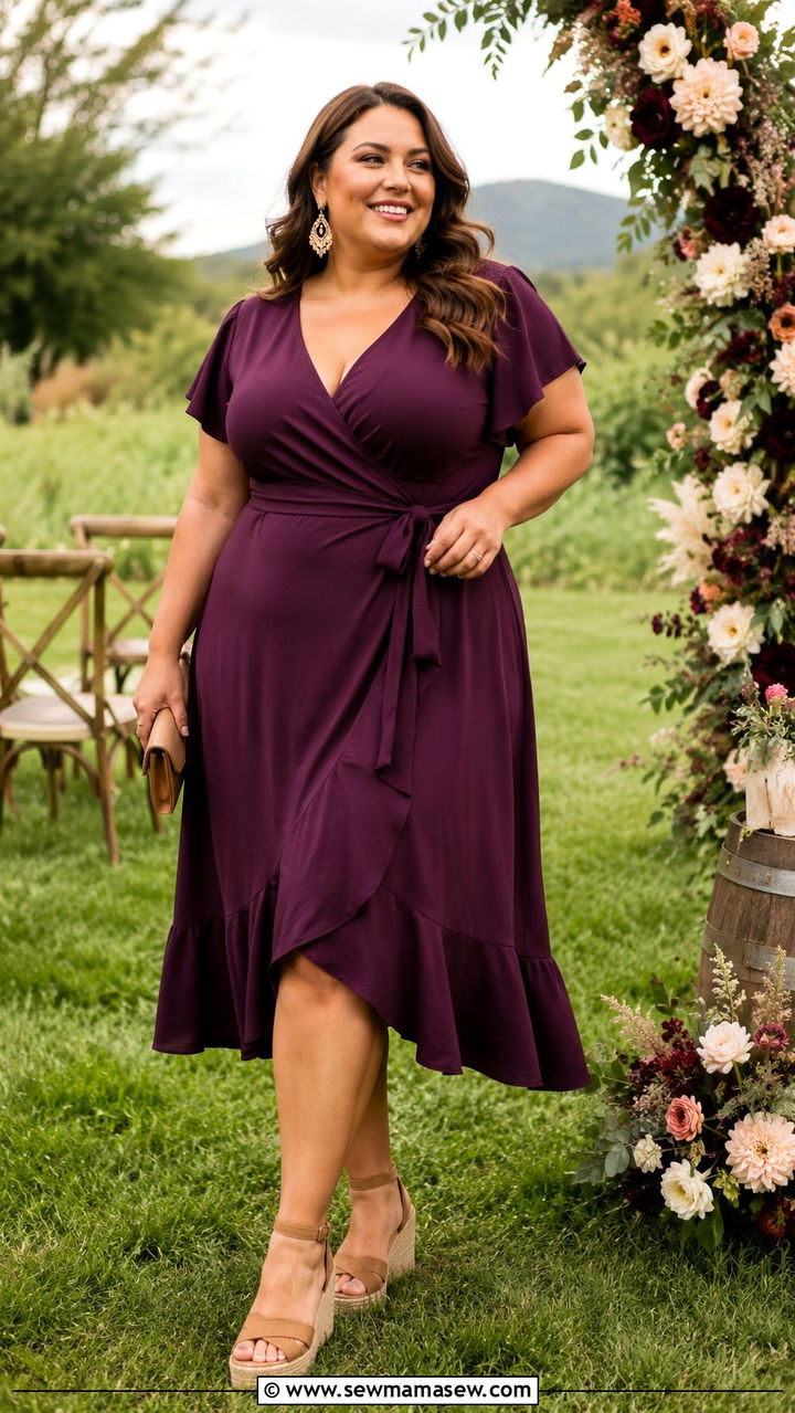 Plus Size Plum Wrap Dress With Wedge Heels - 20 Wedding guest outfit ideas plum dress