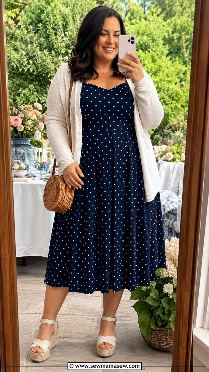 Plus Size Polka Dot Midi Tea Dress and Wedge Sandals - 25 Plus size outfit ideas French girl