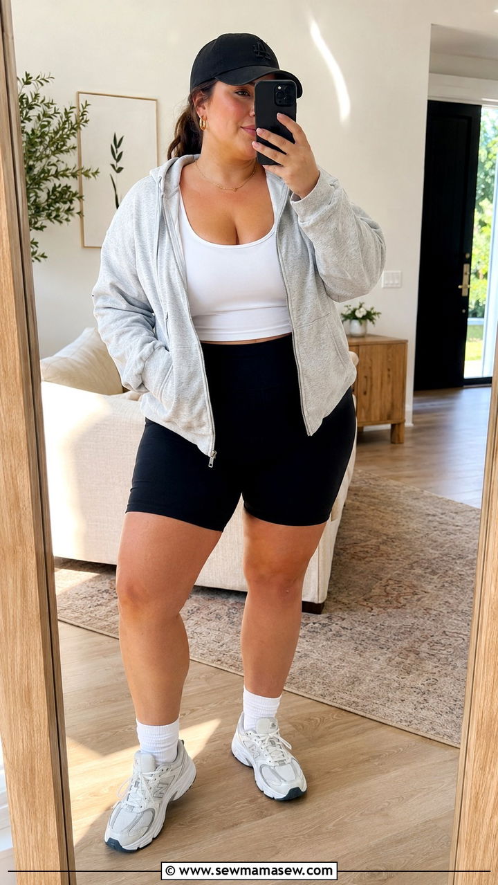 Plus Size Postpartum Biker Shorts Outfit with Zip Up Hoodie - 20 Plus size postpartum outfit ideas