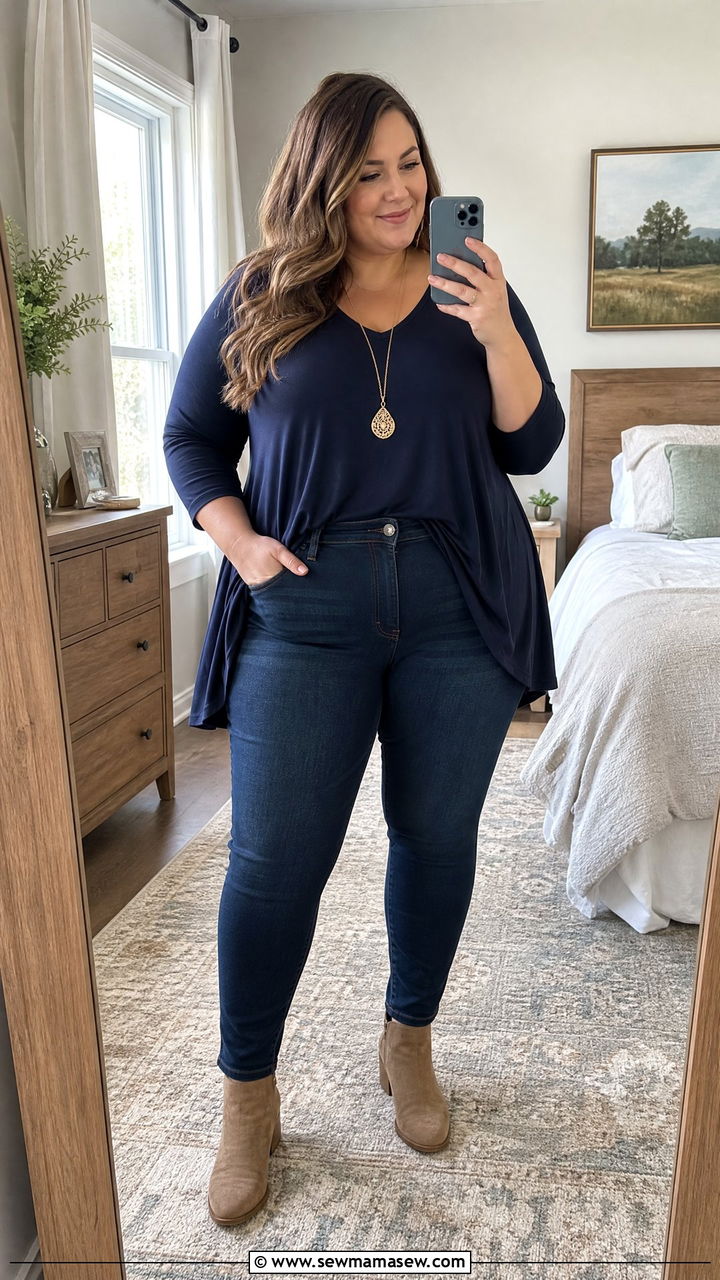 Plus Size Postpartum High Waisted Jeans Outfit with Tunic Top - 20 Plus size postpartum outfit ideas