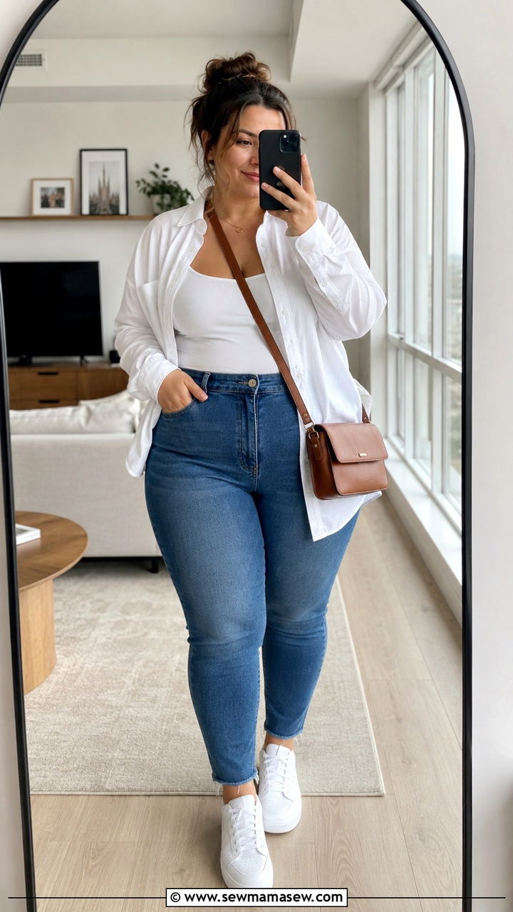 Plus Size Postpartum Jeans Outfit with Oversized Button Down - 20 Plus size postpartum outfit ideas