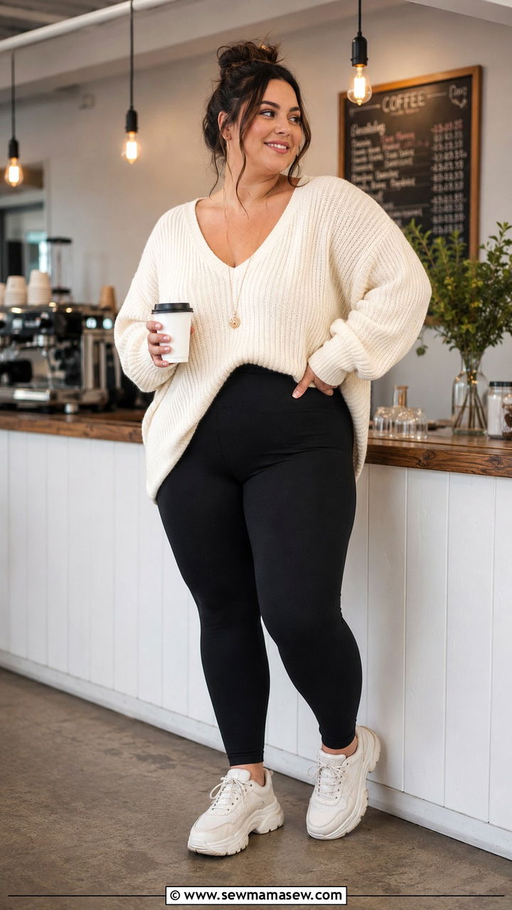 Plus Size Postpartum Leggings Outfit with Oversized Jumper - 20 Plus size postpartum outfit ideas