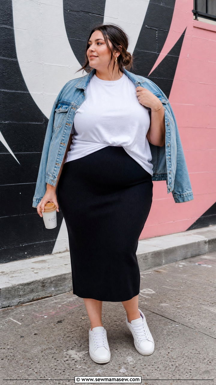 Plus Size Postpartum Midi Skirt Outfit with Oversized Tee - 20 Plus size postpartum outfit ideas