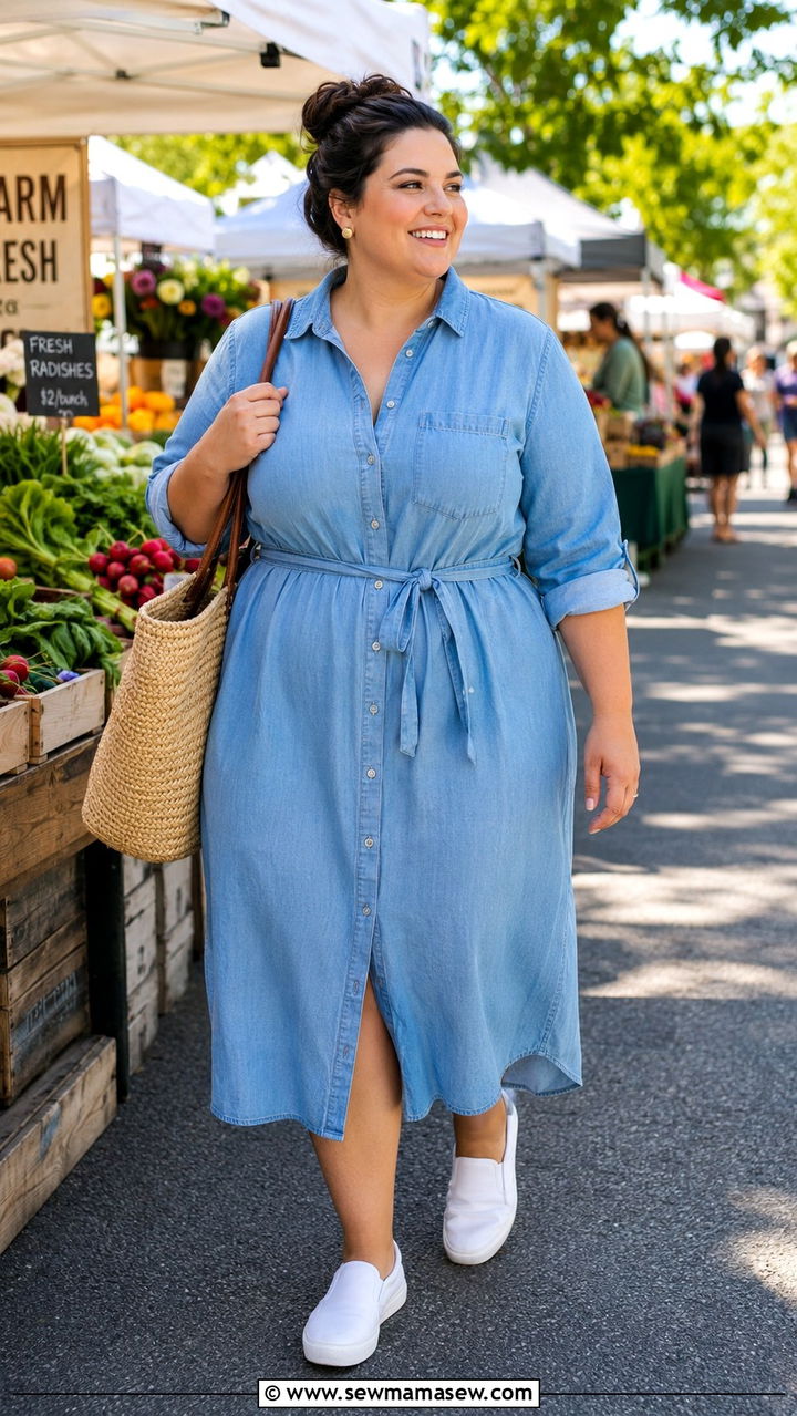Plus Size Postpartum Shirtdress Outfit with Slip On Sneakers - 20 Plus size postpartum outfit ideas