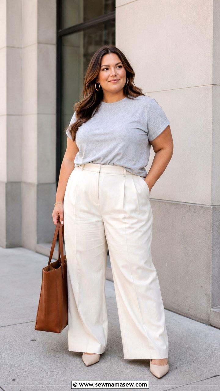 Plus Size Postpartum Wide Leg Trousers Outfit with Tucked Tee - 20 Plus size postpartum outfit ideas