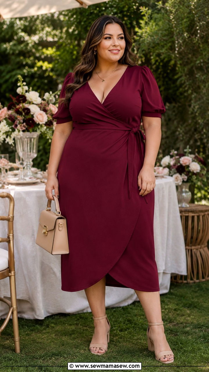 Plus Size Postpartum Wrap Midi Dress Outfit with Heeled Sandals - 20 Plus size postpartum outfit ideas