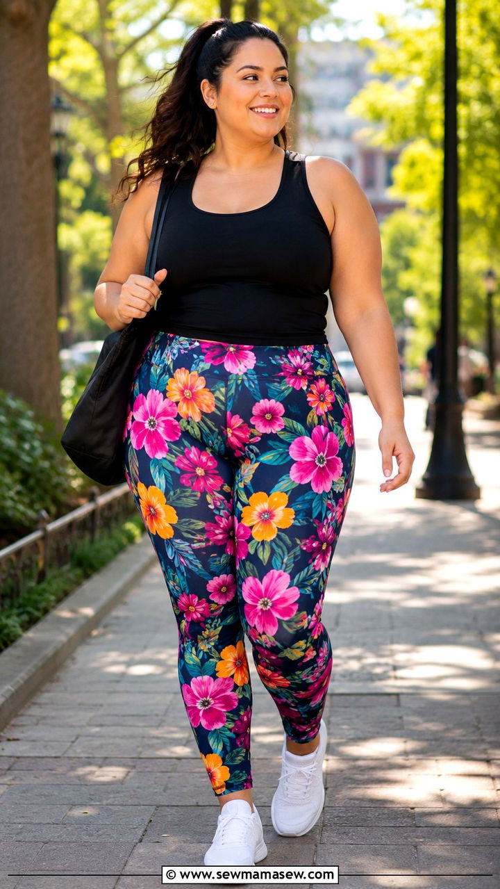 Plus Size Printed Pattern Yoga Leggings and Solid Top Outfit - 25 Yoga outfit ideas plus size