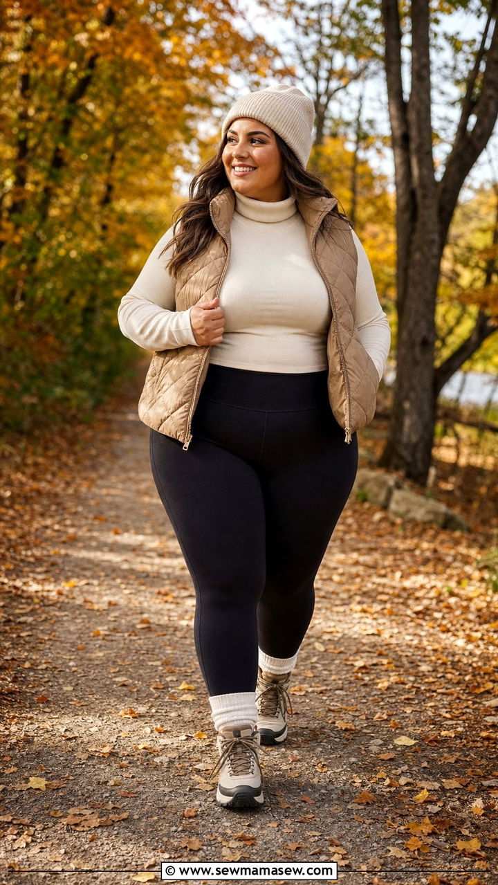 Plus Size Puffer Vest and Leggings - 25 Sporty chic outfit ideas plus size