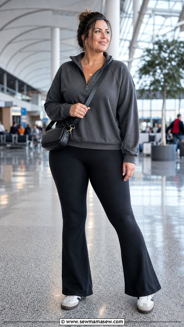 Plus Size Quarter Zip Pullover and Flared Leggings - 25 Sporty chic outfit ideas plus size
