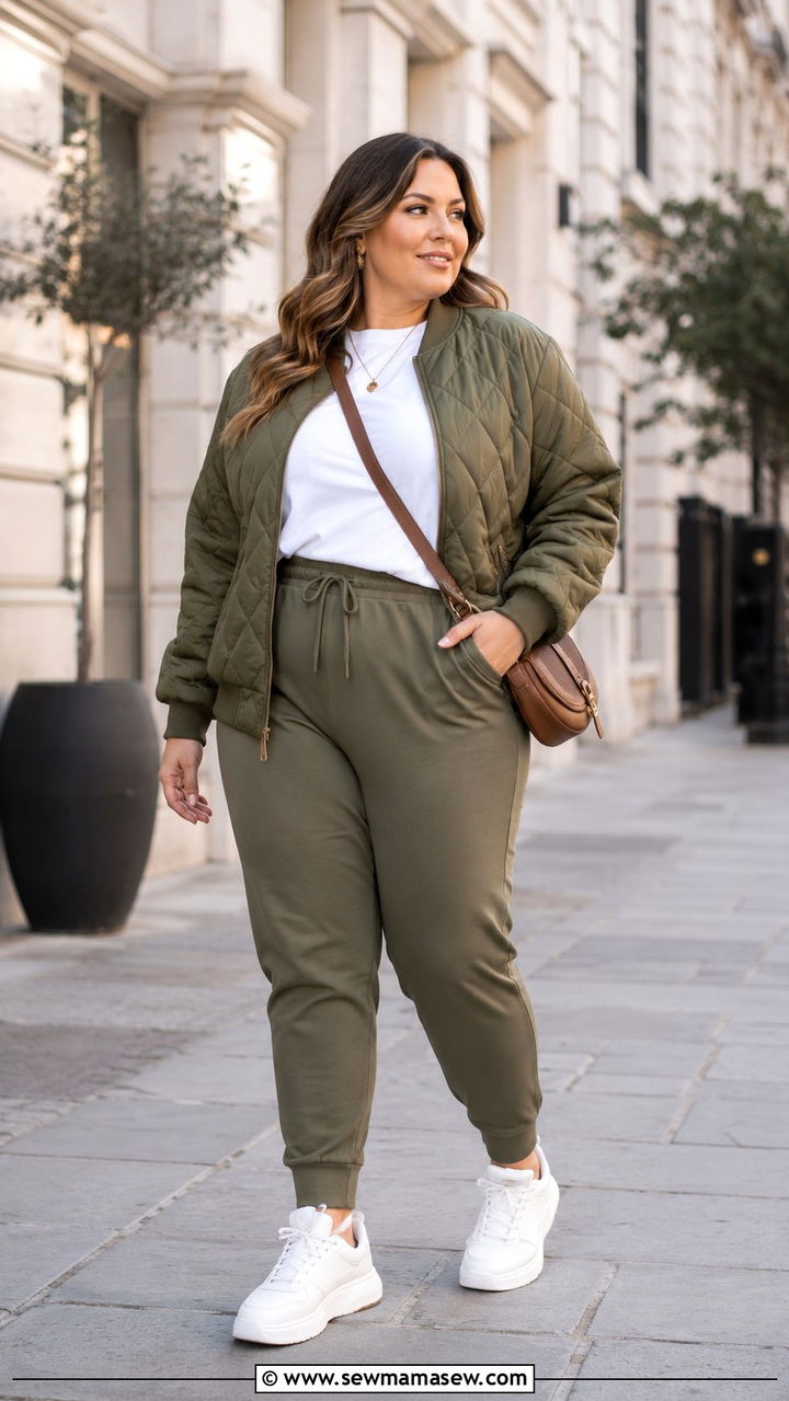 Plus Size Quilted Bomber and Joggers Outfit - 25 Plus size capsule wardrobe 2026