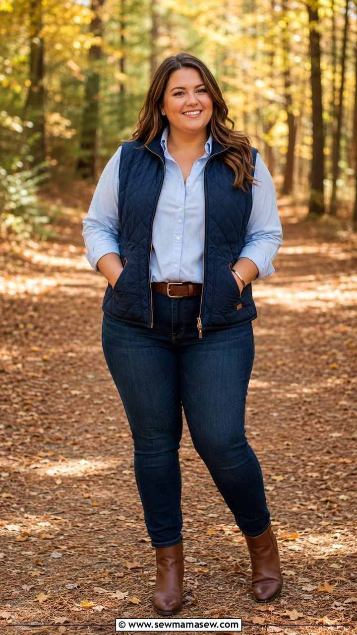 Plus Size Quilted Vest With Oxford Shirt - 25 Preppy outfits plus size