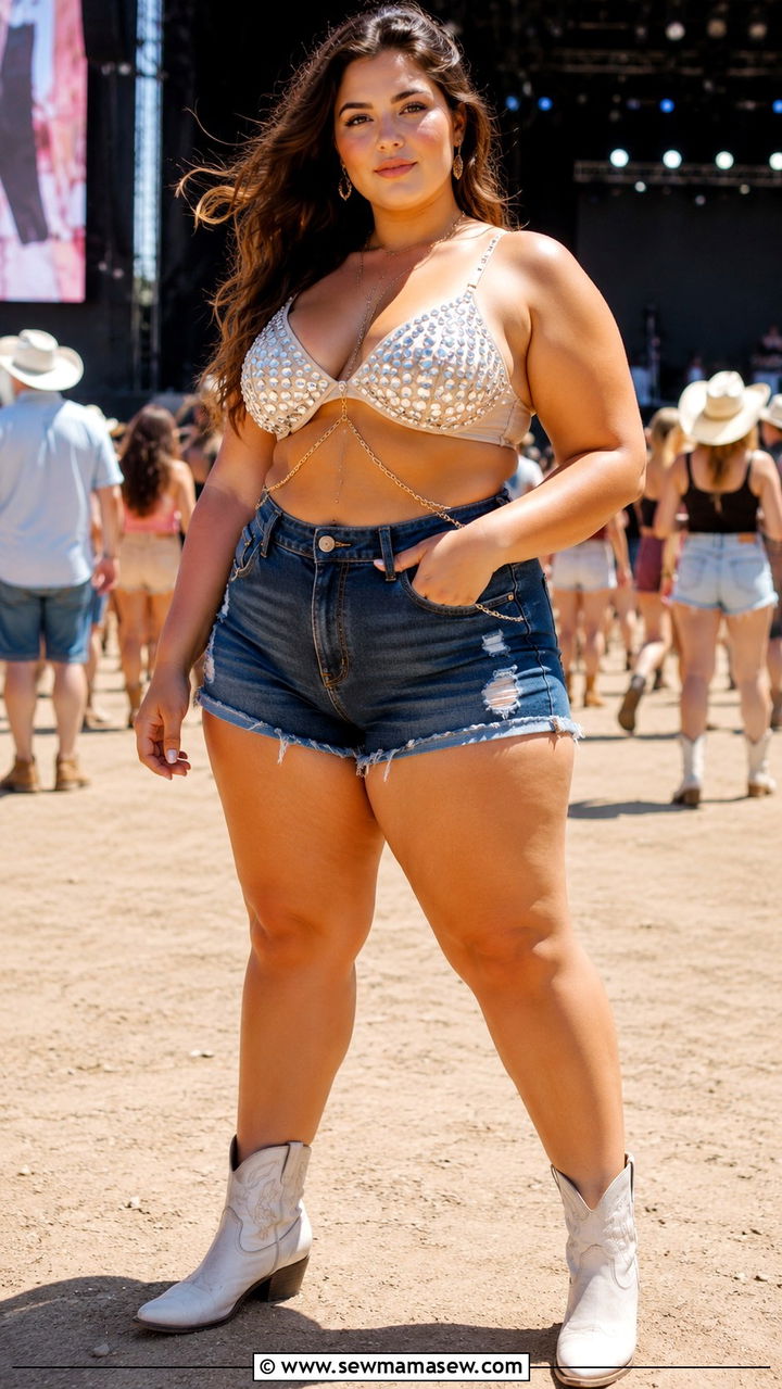 Plus Size Rhinestone Crop Top And Denim Shorts Concert Outfit - 30 Plus size outfit ideas for concert