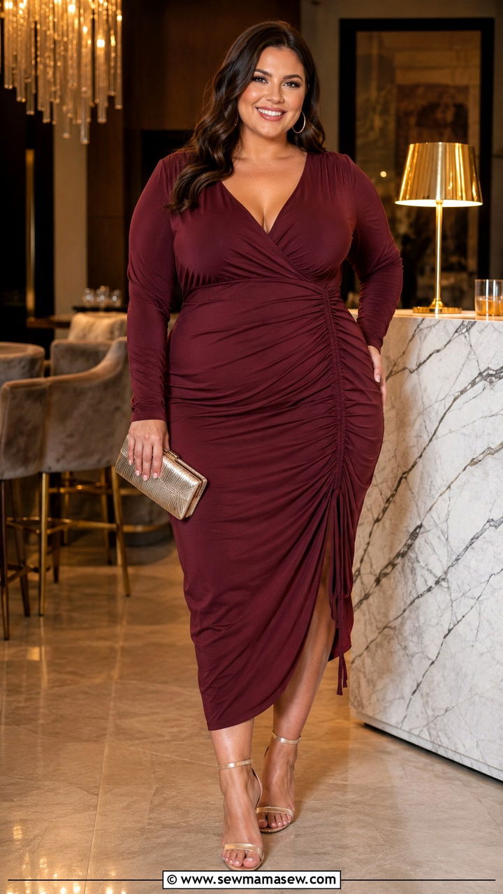Plus Size Ruched Side Midi Dress with Strappy Sandals - 20 Outfit ideas to hide belly fat plus size