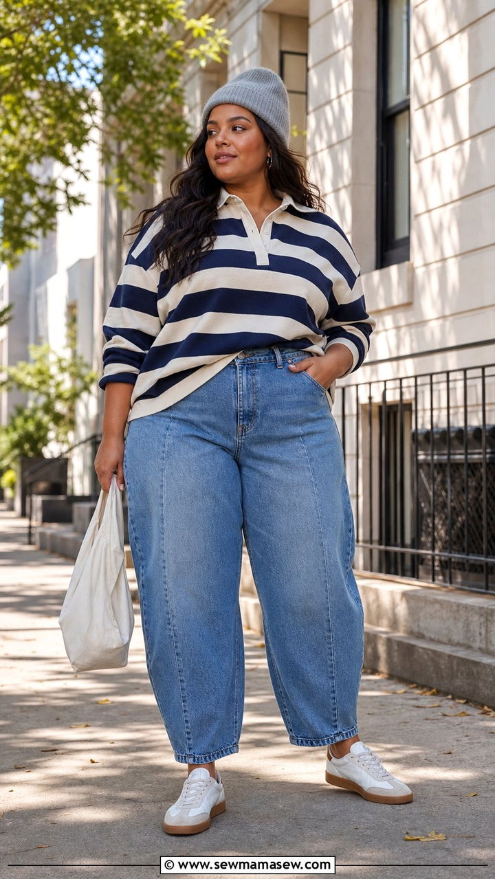 Plus Size Rugby Polo and Barrel Jeans - 25 Sporty chic outfit ideas plus size