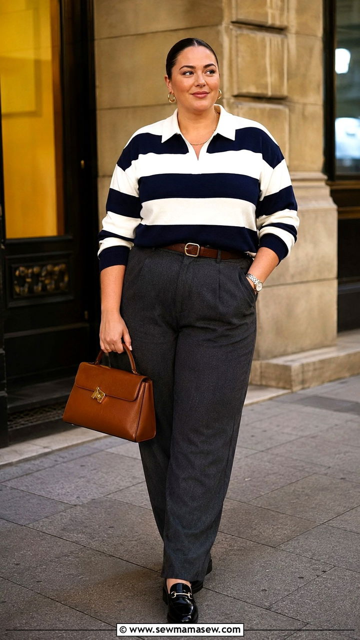 Plus Size Rugby Stripe Sweater With Wool Trousers - 25 Preppy outfits plus size
