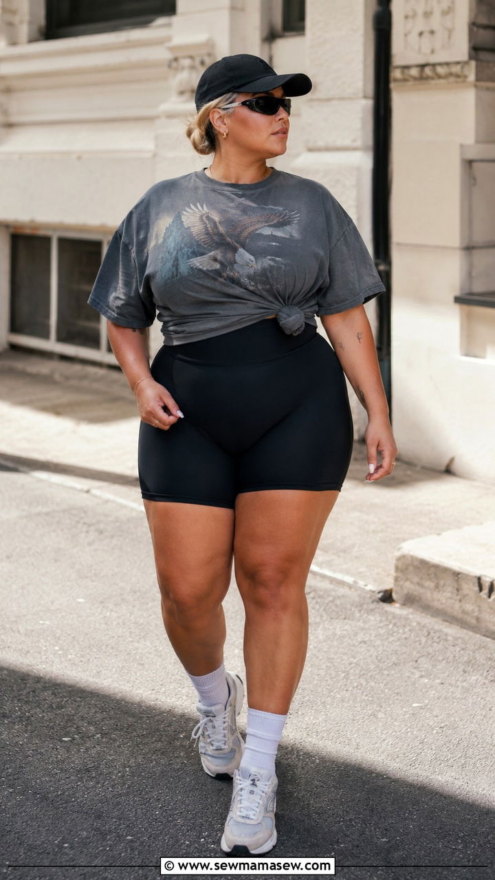 Plus Size Running Outfit With Biker Shorts and Oversized Graphic Tee - 30 Plus size running outfit ideas