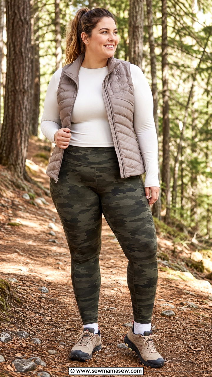 Plus Size Running Outfit With Camo Leggings and Solid Long Sleeve - 30 Plus size running outfit ideas