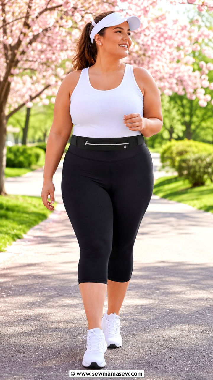 Plus Size Running Outfit With Capri Leggings and Fitted Tank - 30 Plus size running outfit ideas