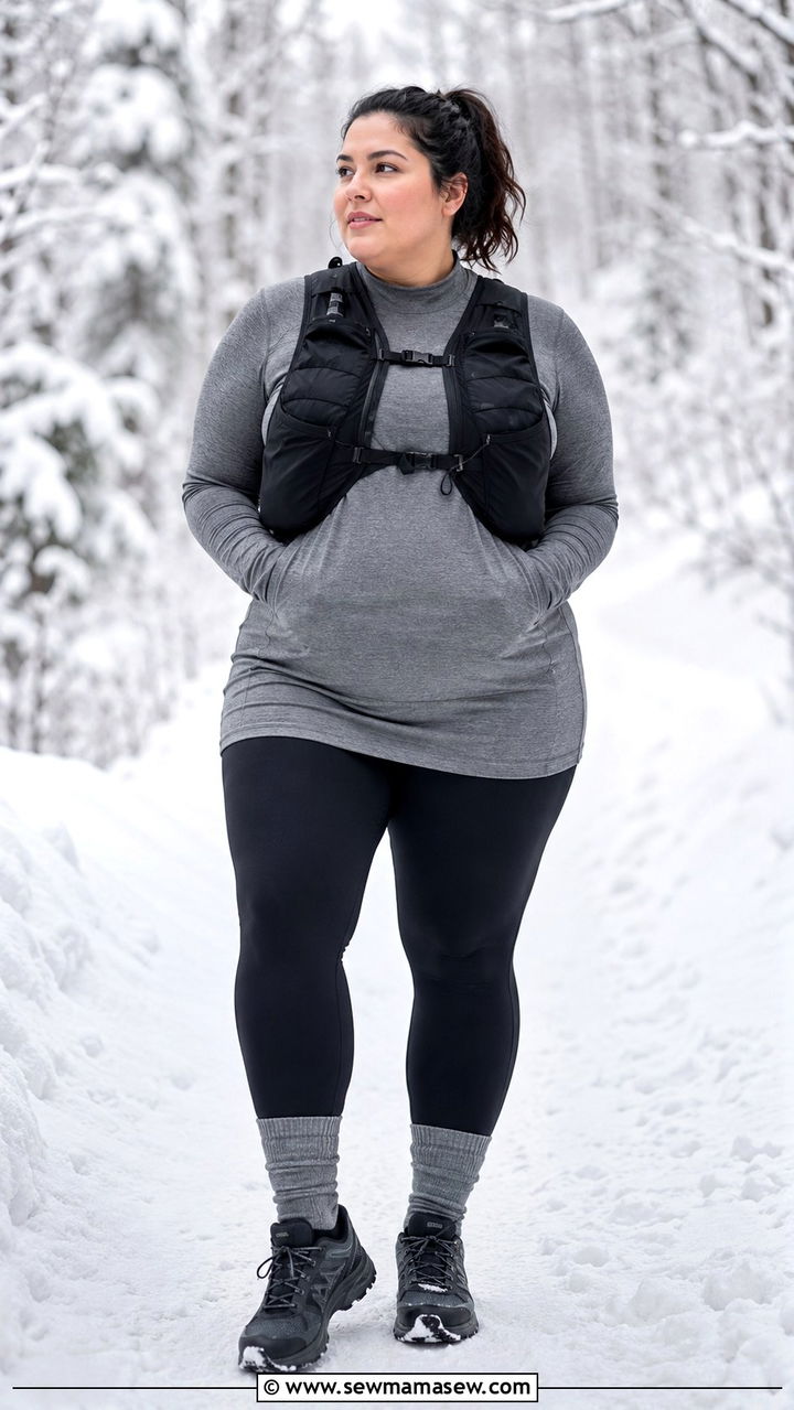Plus Size Running Outfit With Fleece Lined Leggings and Long Tunic Tee - 30 Plus size running outfit ideas