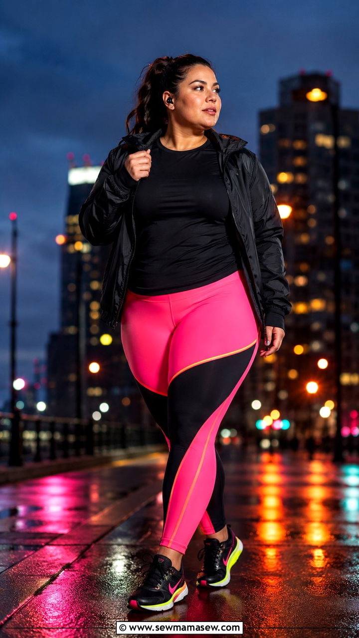 Plus Size Running Outfit With Neon Accent Leggings and Dark Top - 30 Plus size running outfit ideas