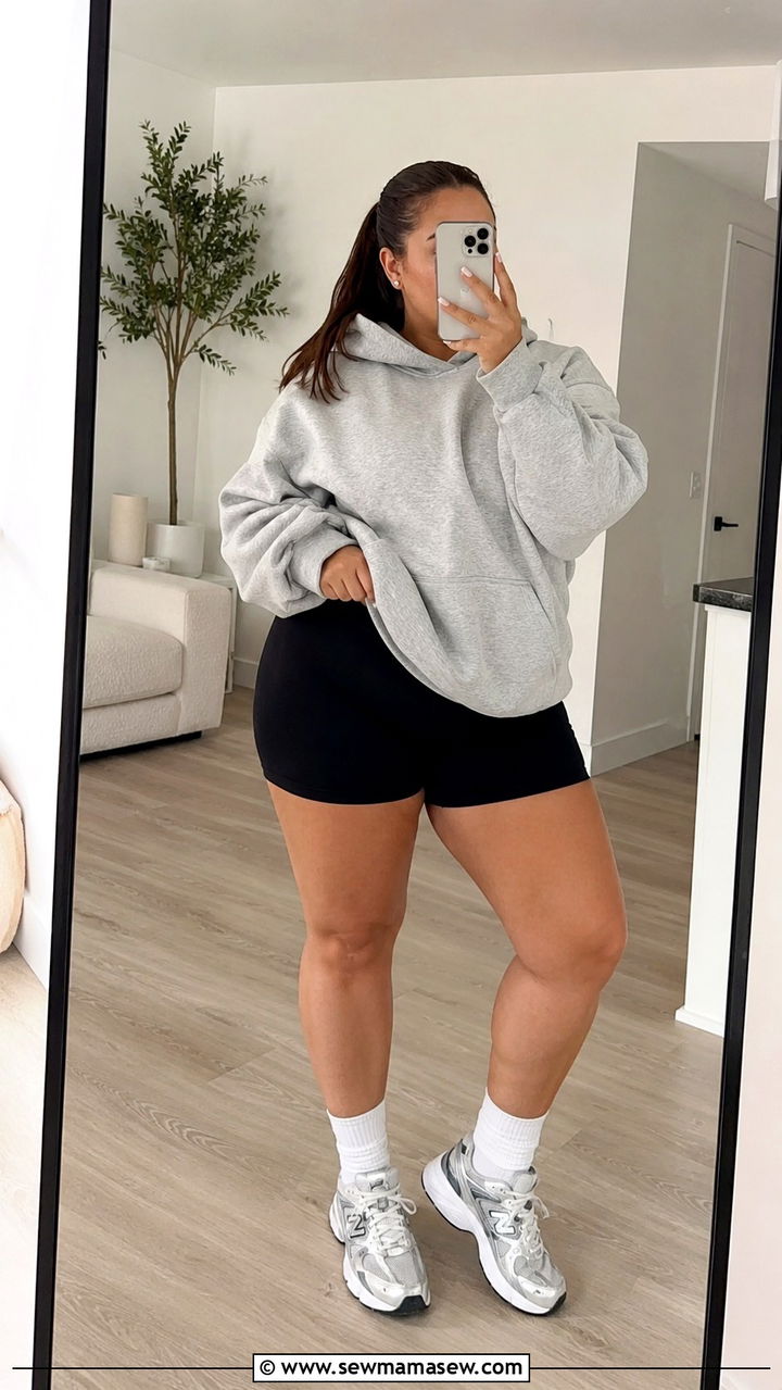 Plus Size Running Outfit With Oversized Hoodie and Bike Shorts - 30 Plus size running outfit ideas