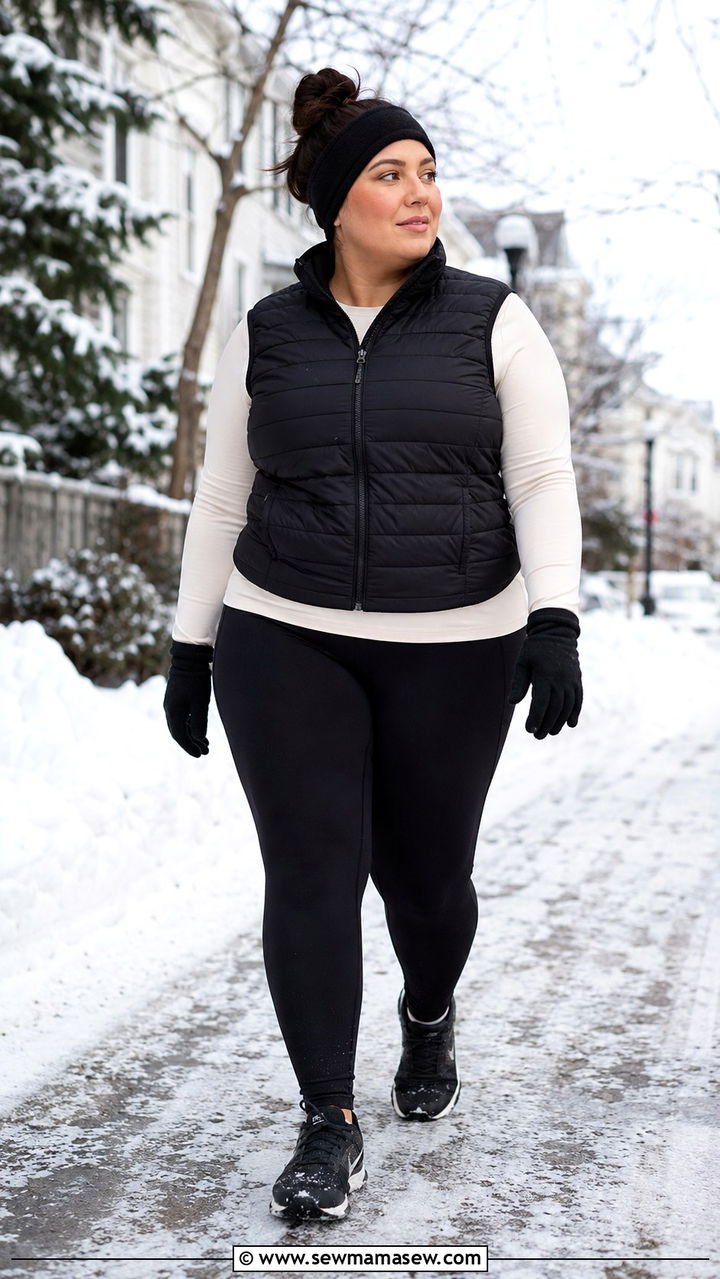Plus Size Running Outfit With Puffer Vest and Long Sleeve Tee - 30 Plus size running outfit ideas