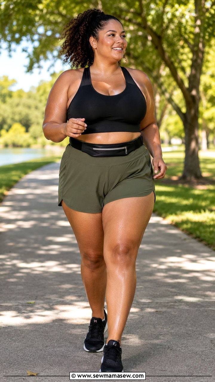 Plus Size Running Outfit With Sports Bra and High Waist Shorts - 30 Plus size running outfit ideas