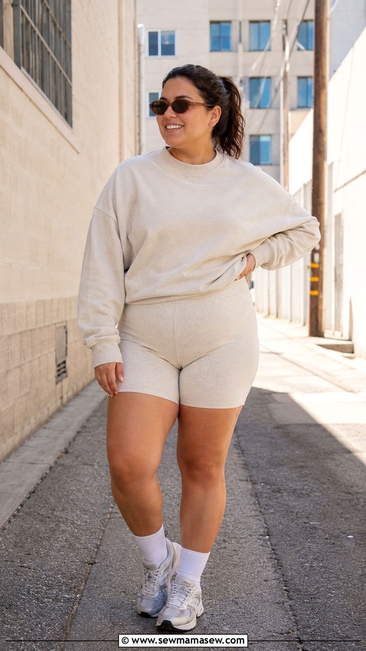 Plus Size Running Outfit With Sweatshirt and Biker Shorts - 30 Plus size running outfit ideas