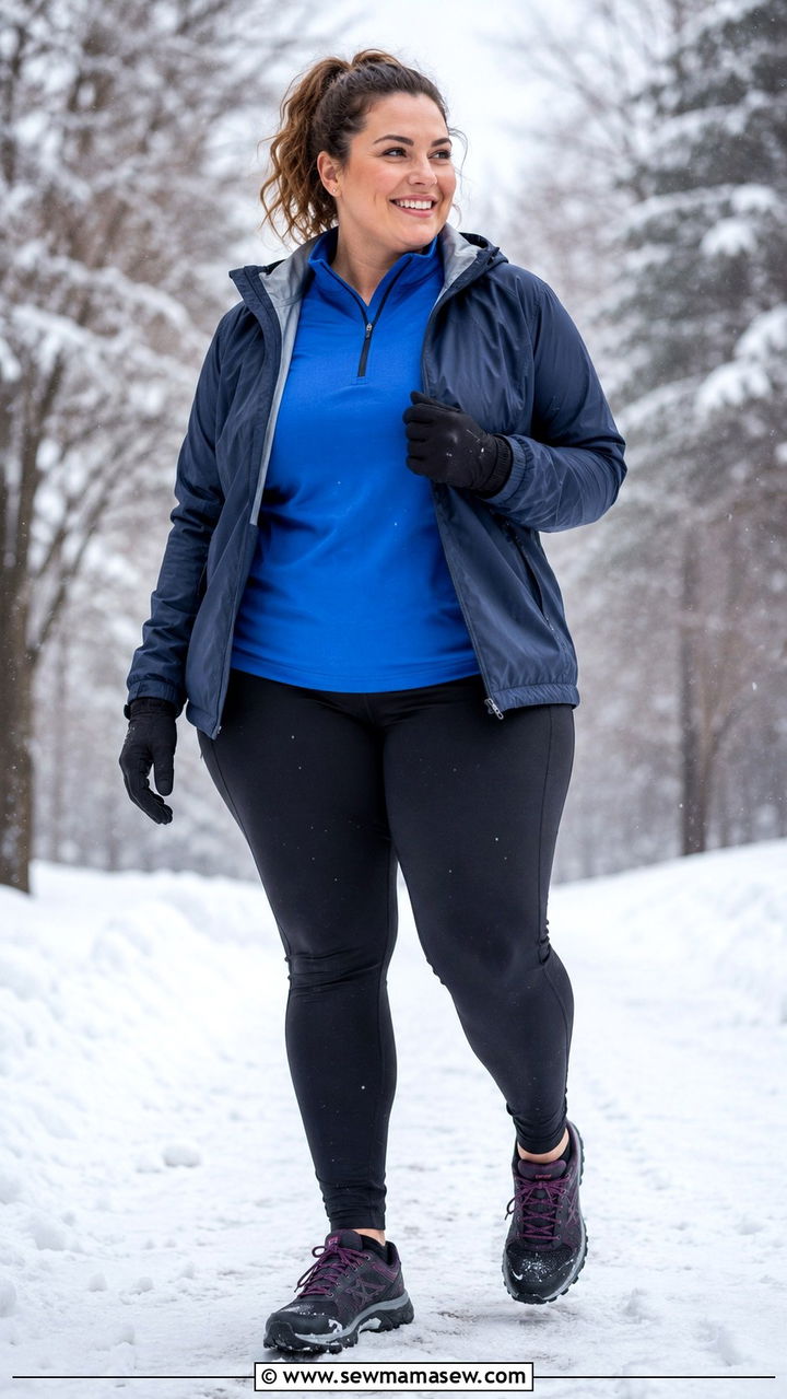 Plus Size Running Outfit With Thermal Leggings and Half Zip Pullover - 30 Plus size running outfit ideas