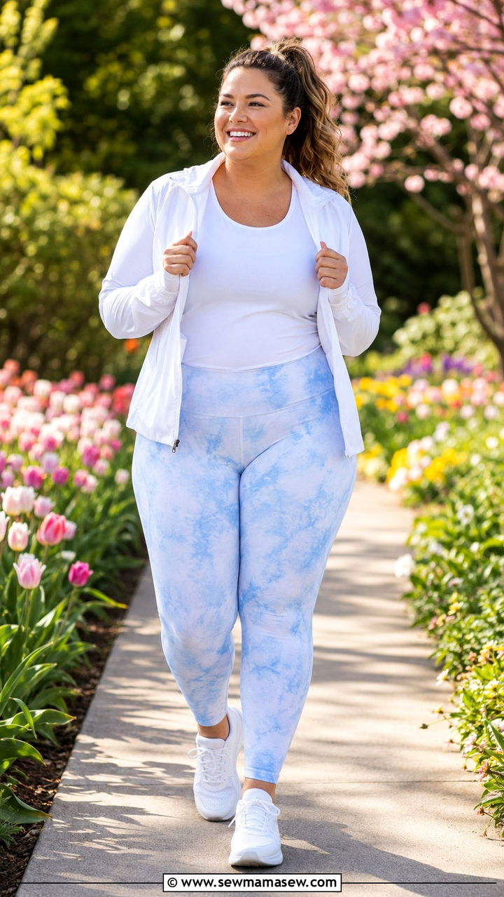 Plus Size Running Outfit With Tie Dye Leggings and White Tank - 30 Plus size running outfit ideas