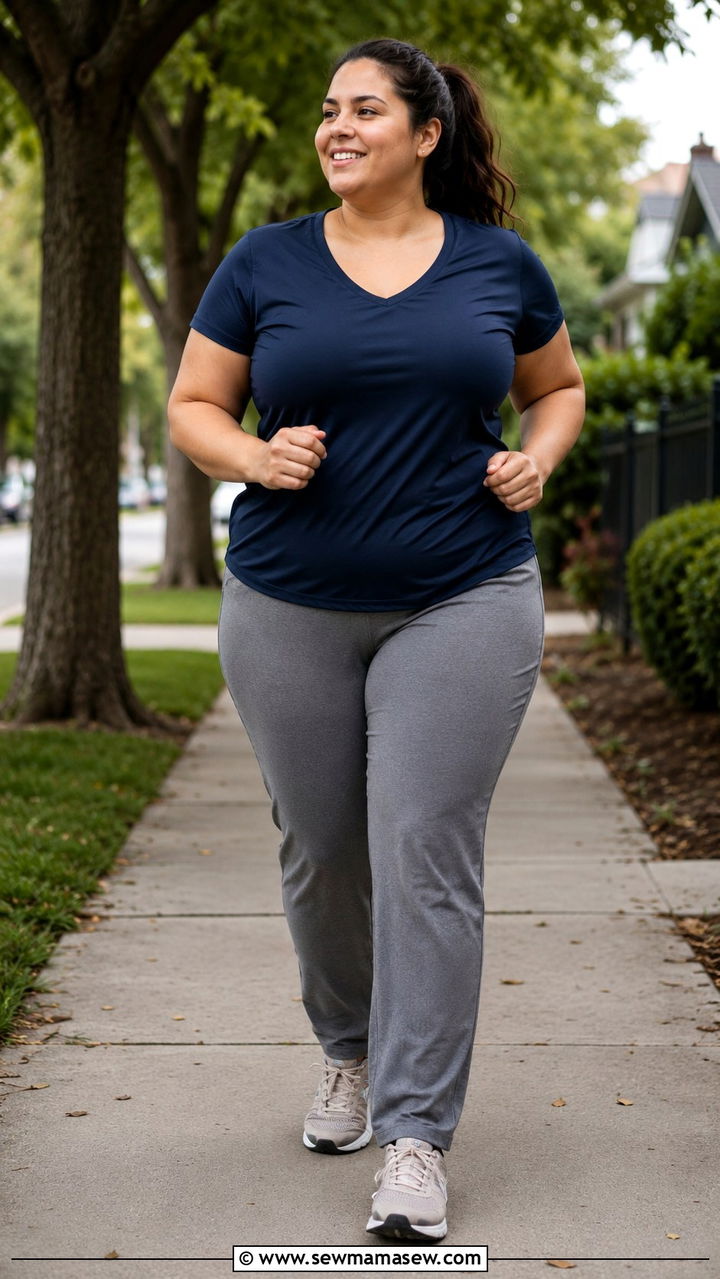 Plus Size Running Outfit With V Neck Tee and Straight Leg Joggers - 30 Plus size running outfit ideas